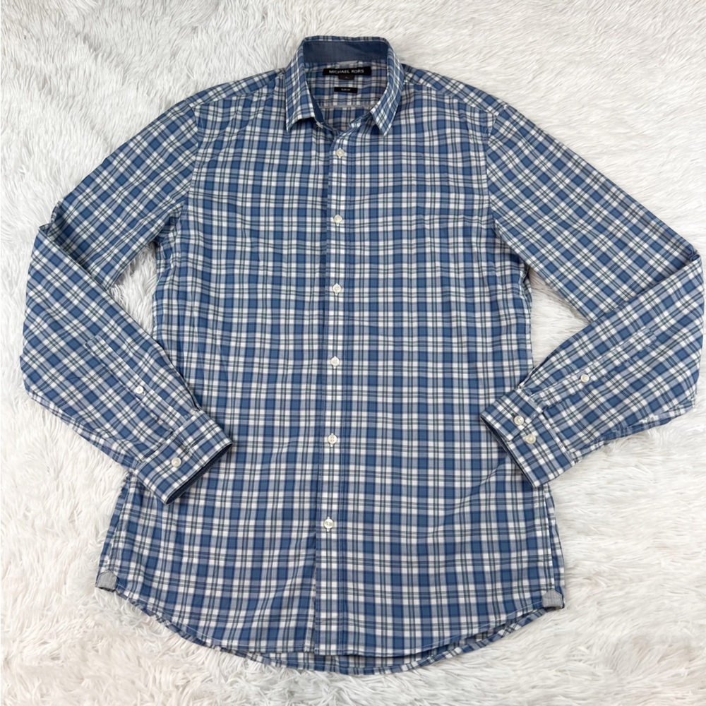 Michael Kors long sleeve slim fit‎ plaid button up shirt in blue